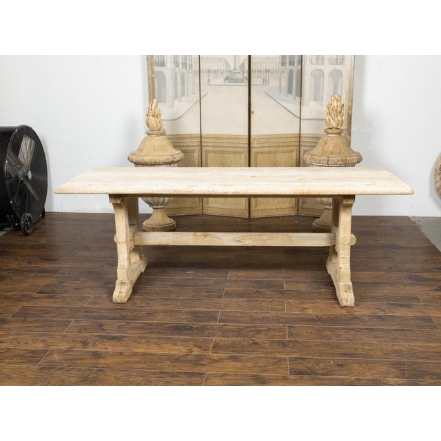 Rustic English 19th Century Natural Wood Farm Table with Trestle Base For Sale - Image 10 of 11