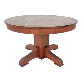 Antique 1910s Mission Solid Quarter Sawn Oak Round Oak Dining Table & 1 Leaf For Sale