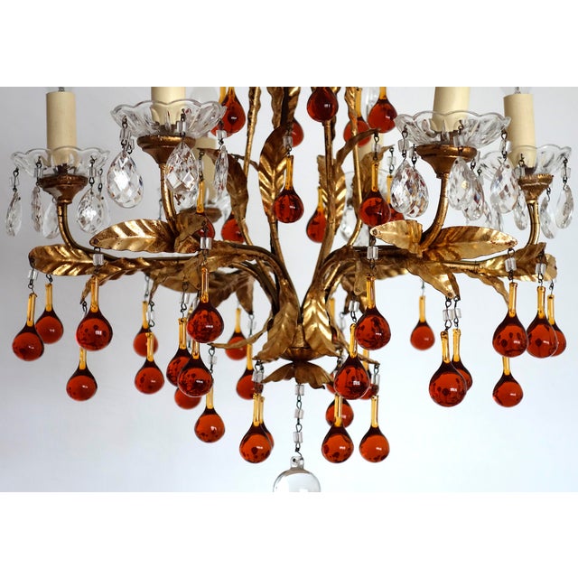 1930s Antique Gilded Metal Murano Glass Drop Chandelier from Made Murano Glass, 1930s For Sale - Image 5 of 18