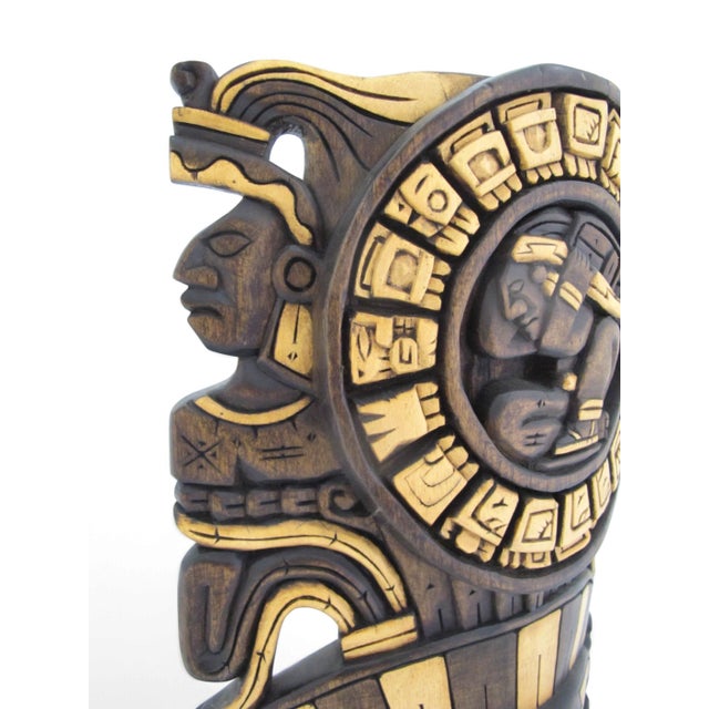 Mexican Hand Carved Wood Aztec/Mayan Warrior Headdress Calendar Wall Mask For Sale In Portland, OR - Image 6 of 10