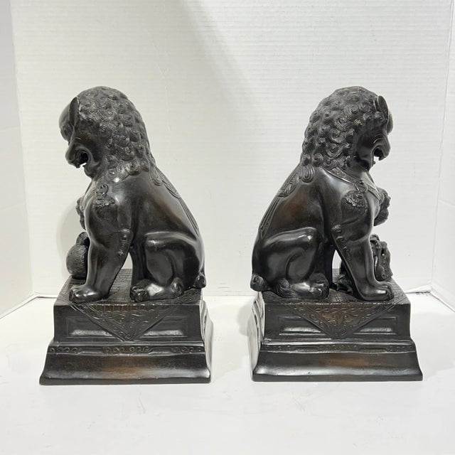 Vintage Patinated Metal Foo Lion Sculptures - A Pair For Sale - Image 10 of 12