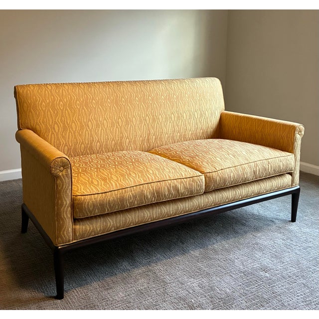 Elegant custom upholstered loveseat by renowned luxury furniture maker A. Rudin. This sophisticated designer piece...