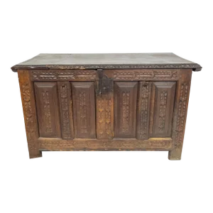 17th or 18th Century Italian Carved Walnut Coffer Chest Trunk With Iron Lock