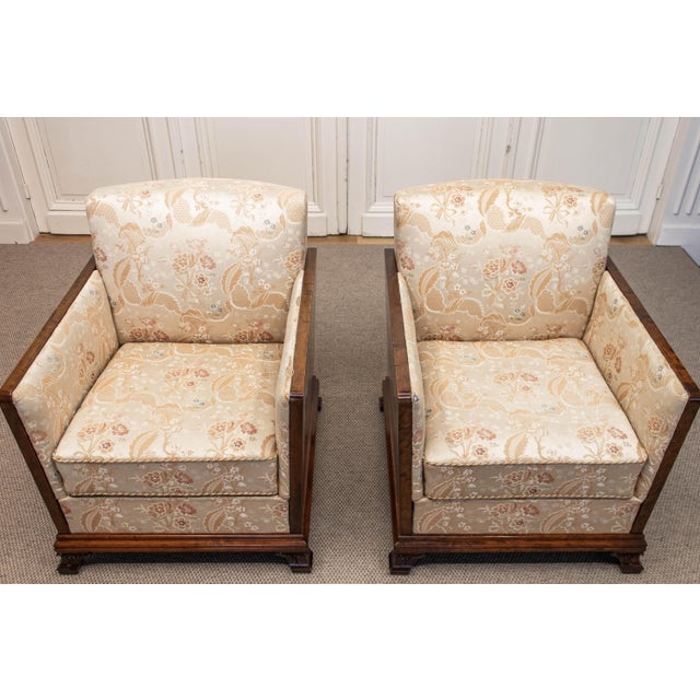 Vintage Swedish Grace Club Chairs with Tiger Wooden Side Panels and Jacquard, 1930s, Set of 2 For Sale - Image 12 of 14