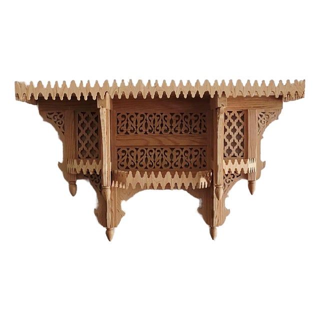 Handmade Moroccan Carved Wall Shelf – Natural Wood Finish For Sale