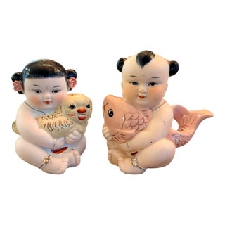 Vintage Chinese Porcelain Figurines of Baby Boy and Baby Girl For Sale