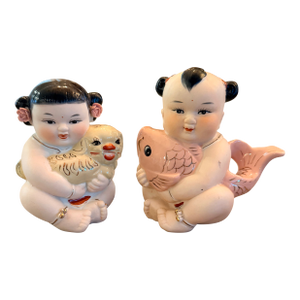 Vintage Chinese Porcelain Figurines of Baby Boy and Baby Girl
