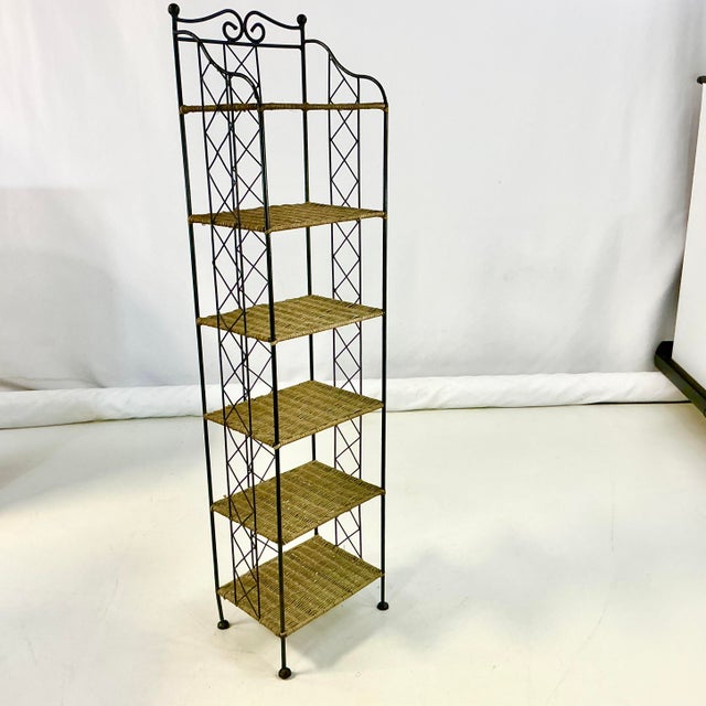 Mid-Century Boho Chic Arts & Crafts Metal and Wicker Slim Bookcase, 6 Tier For Sale - Image 16 of 18