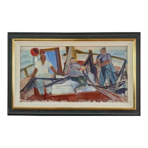 Mid-Century Modern "Sea Catch" Vintage Swedish Expressionist Oil Painting, Framed