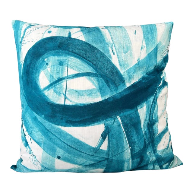 Contemporary Abstract Teal Blue Painting Pillow Cover For Sale