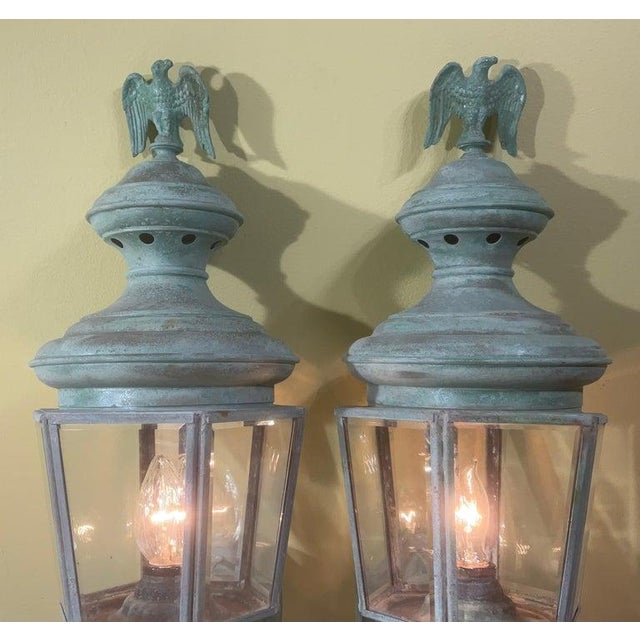 Magnificent Pair of Vintage Solid Brass Eagle-Topped Wall Lanterns For Sale - Image 9 of 17