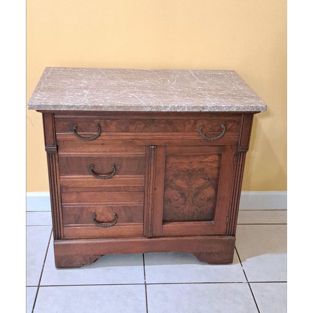 Victorian Antique Eastlake Victorian Burl Walnut Taupe Marble Top Washstand C1890s For Sale - Image 3 of 12