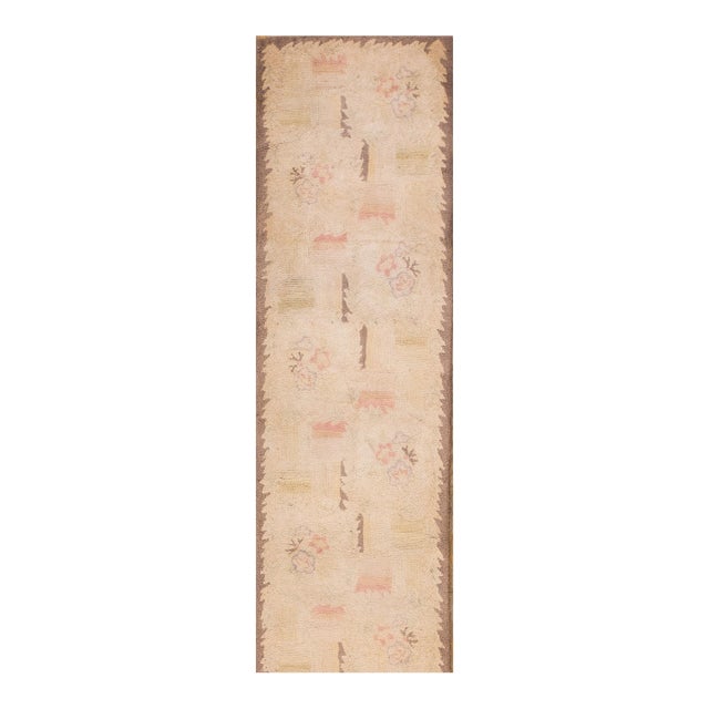1950s Tan Camel Abstract Floral Vintage American Hooked Rug 2' X 18'3" Handknotted Wool Carpet For Sale