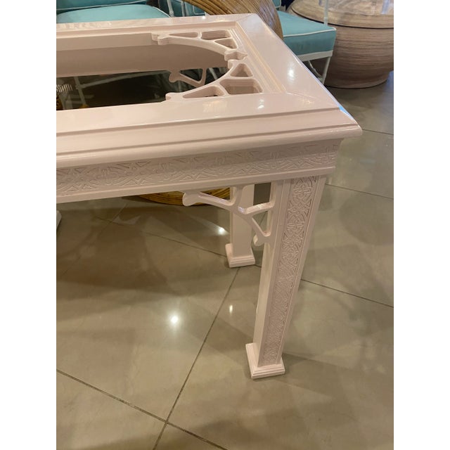 Hollywood Regency Vintage John Stuart Palm Beach Coral Lacquered Fretwork Glass Top Console Table For Sale - Image 3 of 13