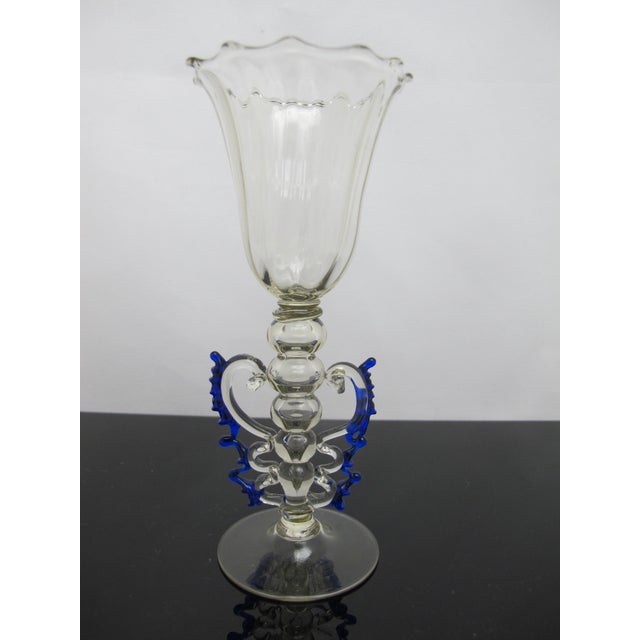Glass Venetian Hand Blown Art Glass Decorative Tipetto Wine Goblet With Blue Wings For Sale - Image 7 of 8