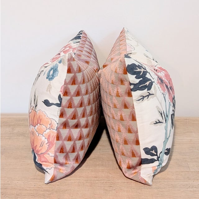 Lee Jofa Inisfree floral print in Sunset - fun pinks and corals with navy and teal. Backs are gorgeous geometric velvet in...