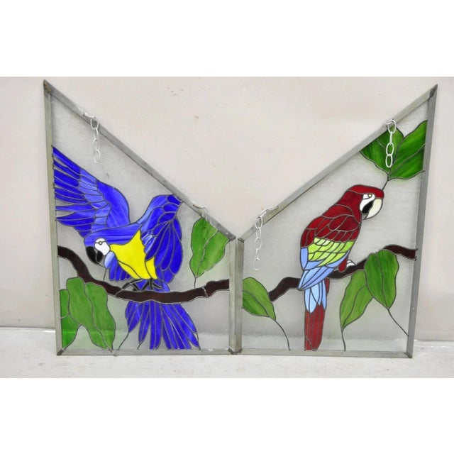 Vintage Leaded Stained Glass Red and Blue Parrot Bird Window Suncatcher - A Pair For Sale - Image 10 of 11