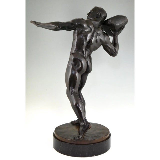 Antique Bronze Sculpture of Male Nude with Stone by Hugo Siegwart For Sale - Image 5 of 12
