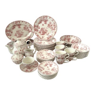 Vintage Shabby Chic Queens "Chelsea Toile" Pink Dinnerware Set of 53 For Sale