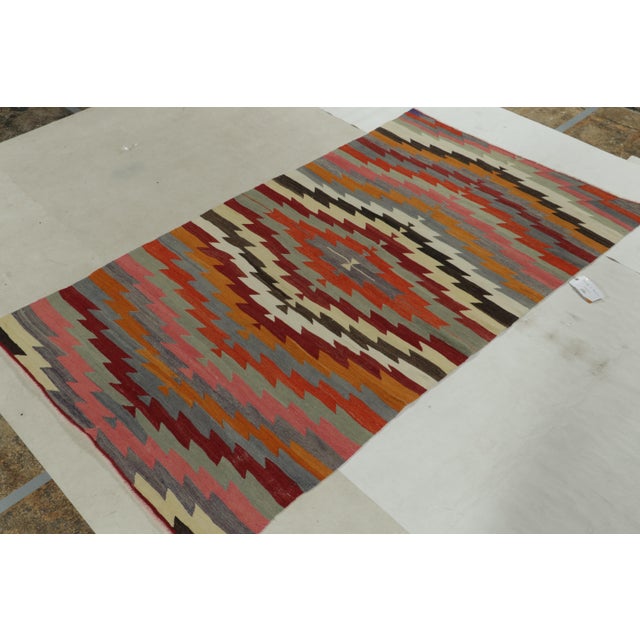 Traditional Vintage Mid-Century Geometric Blue Wool Kilim Rug With Multi-Color Accents For Sale - Image 3 of 9