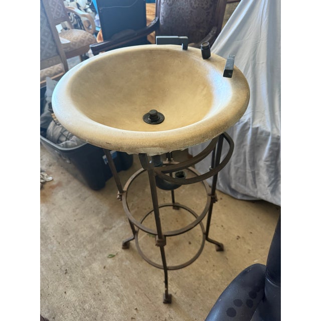 Artisan Chiseled Travertine Stone Vessel Sink on Hand-Forged Wrought Iron Pedestal For Sale In Dallas - Image 6 of 9