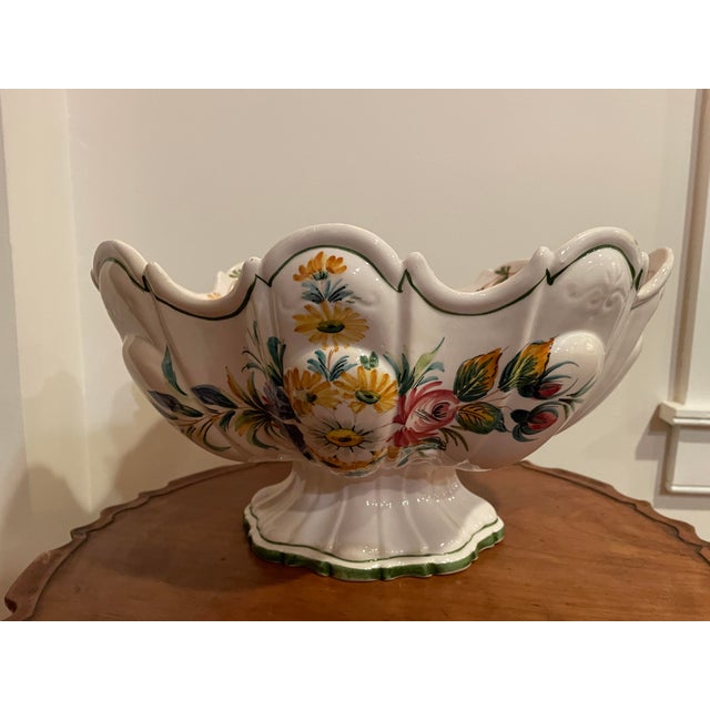 Large Vintage Bassano Italy Hand-Painted Majolica Pedestal Centerpiece Bowl – Flora Fenton Import For Sale - Image 9 of 10