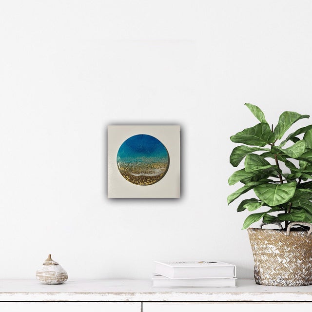 Contemporary Smooth Touch by Ana Hefco | Mixed Media on ceramic depicting ocean waves and sandy shore. For Sale - Image 3 of 5