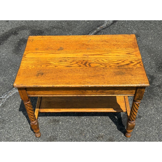 Gold 19th C. Tiger Oak One-Drawer Library Table - Twist Legs + Highly Detailed For Sale - Image 8 of 17