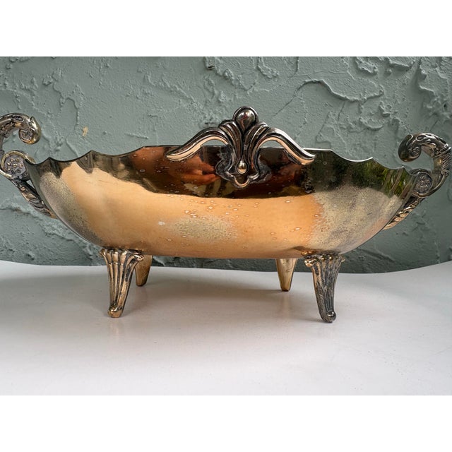 Metal Vintage Silver-Plated Footed Jardiniere Centerpiece Bowl With Dragon Handles and Fleur-De-Lis Mounts For Sale - Image 7 of 12