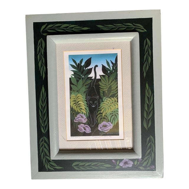 Ruth Schindler 20th Century Painting “Black Cat” Framed Signed and Numbered Rare Painting , Art Print For Sale