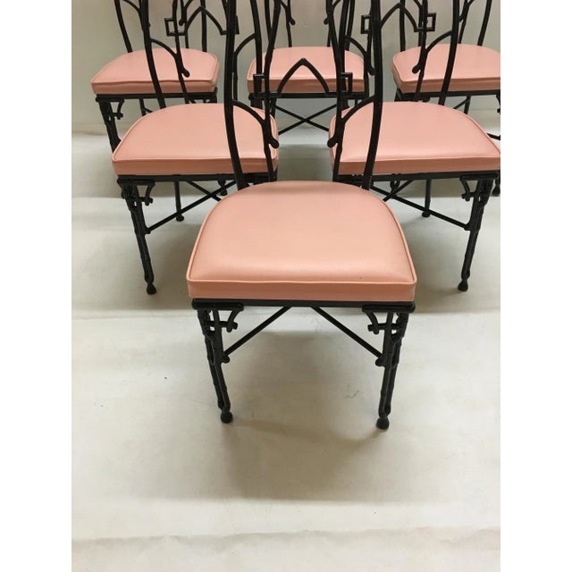 Vintage Chinoiserie Pink & Black Faux Bamboo Dining Chairs and Table For Sale - Image 4 of 10