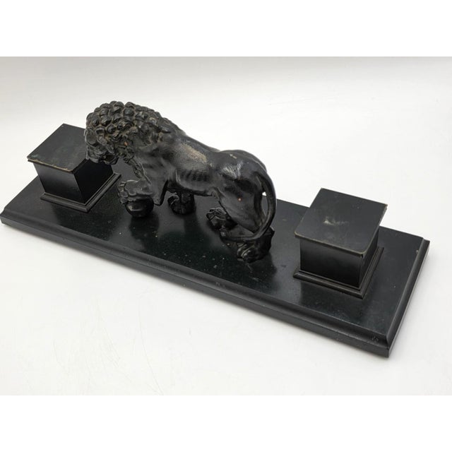 19th C Victorian Cast Iron Lion Double Inkwell Desk Set Antique Black Japanned. For Sale - Image 18 of 18