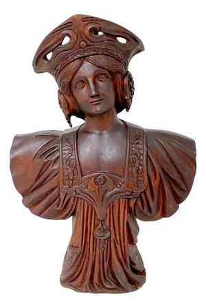 Art Nouveau Carved Wood Portrait of a Russian Maiden with Kokoshnik Headdress