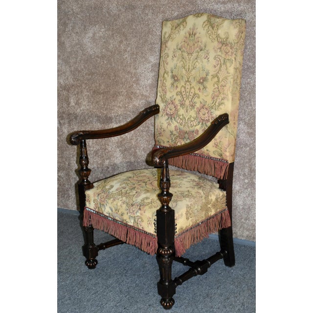 Antique Carved Oak Armchair Tudor Jacobean Style High Back Tapestry Fringe 1920s For Sale In Philadelphia - Image 6 of 13