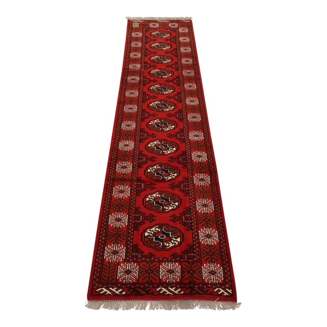 Turkmen Runner 2’6” X 9’7” Red Wool Vintage Tribal Hand-Knotted Oriental Rug For Sale