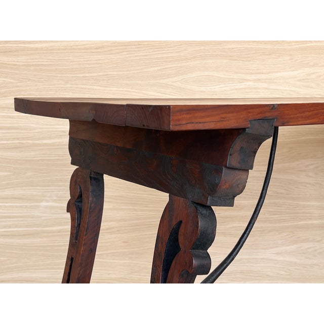 Brown 19th Spanish Side Table With Carved Turned Legs and Iron Stretcher For Sale - Image 8 of 10