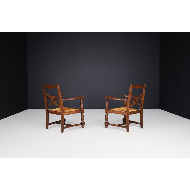 1930s French Art Deco Armchairs in Oak and Rush, 1930s, Set of 2 For Sale - Image 5 of 14