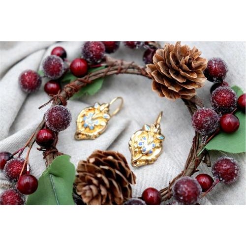 Metal Gold Earrings with Reliefs and Enamel, Set of 2 For Sale - Image 7 of 8