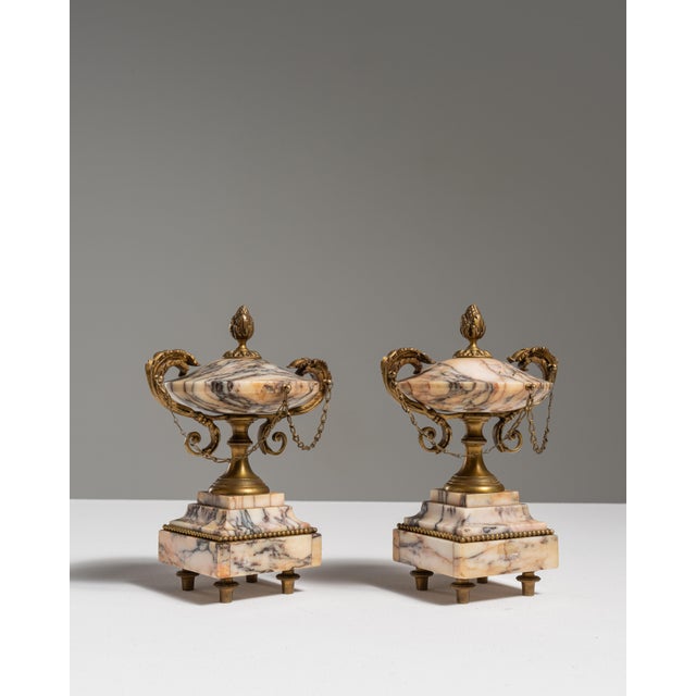 Pair of 19th Century French Rose Louis XVI Marble & Brass Cassolettes For Sale - Image 9 of 15