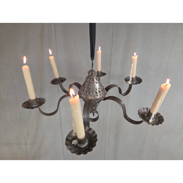 Rustic Antique Punched Tin Six-Arm Candle Chandelier, New Mexico, Spanish Colonial Style For Sale - Image 3 of 16