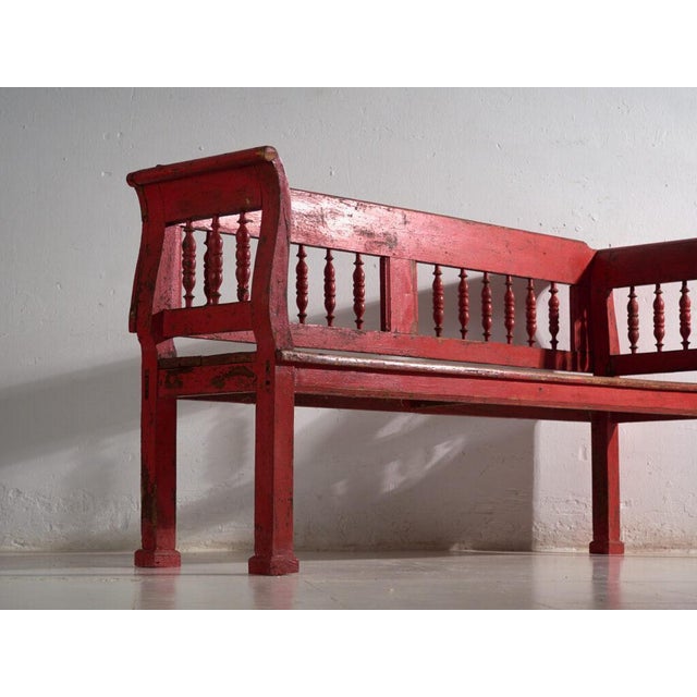 Antique Painted Pine Bench with Turned Back, Central Europe, 1900 For Sale - Image 4 of 11