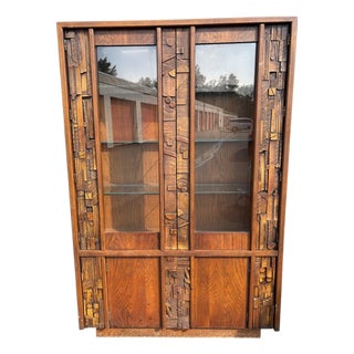 1970s Lane Staccato Mid Century Modern Brutalist Walnut China Cabinet For Sale