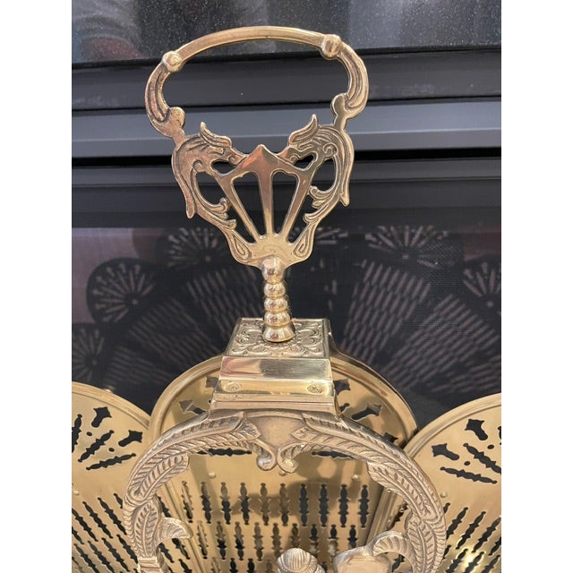 Art Deco 1980s Peacock French Count;ry Ornate 44" Wide Folding Brass Fireplace Fan For Sale - Image 3 of 15