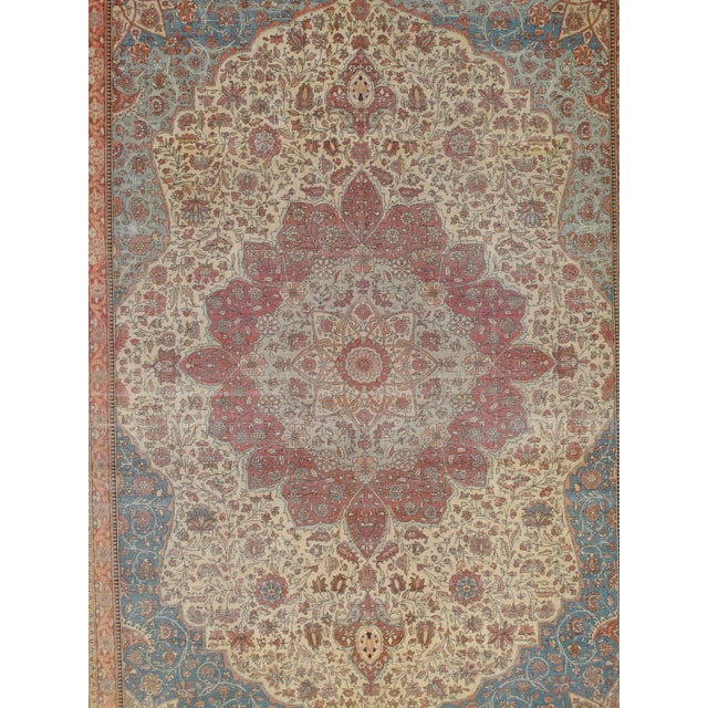 Persian Antique Persian Mohtasham Kashan Carpet, Traditional, Soft, Ivory, Blue, Green For Sale - Image 3 of 18