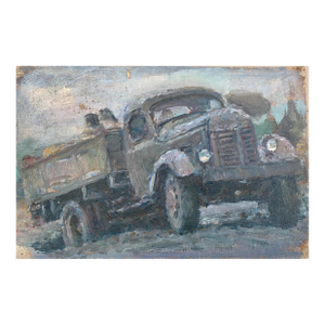 1970s Combine Truck Oil Painting, Socialist Realism Art