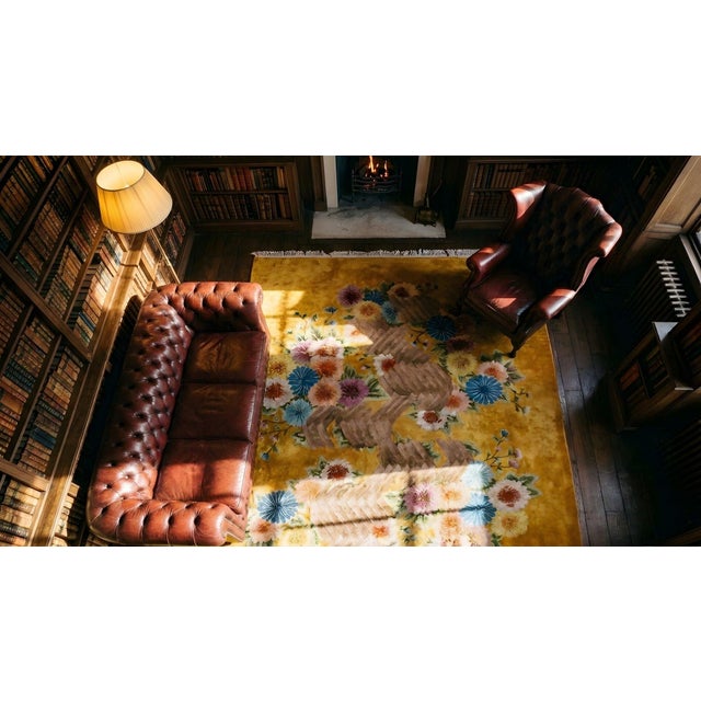 1930s Antique Yellow-Saffron Floral Modern Antique Chinese Art Deco Carpet Rug For Sale - Image 12 of 13