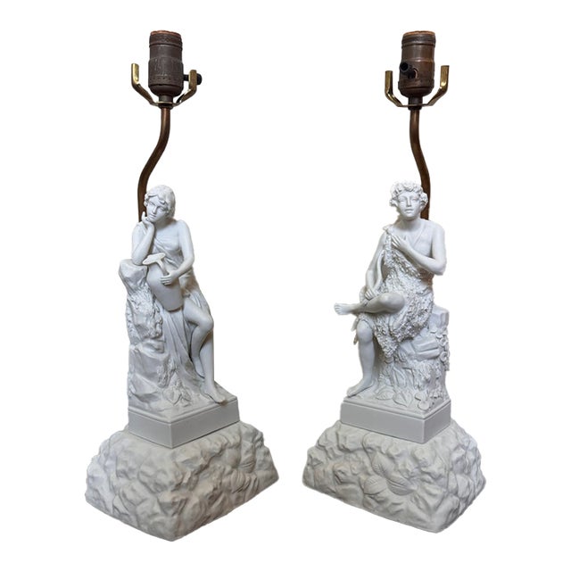 Vintage Arnart Japanese Bisque Porcelain Figural Table Lamps - Pair For Sale