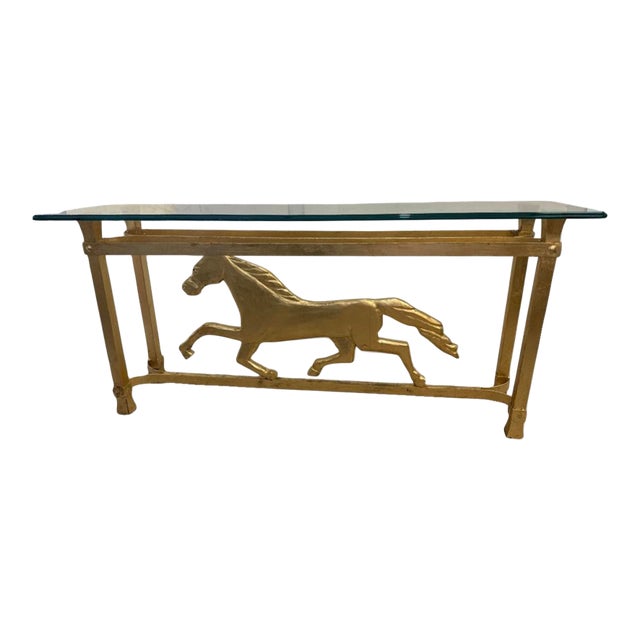 Vintage Gilded Iron Glass Top With Horse Design Console Table For Sale