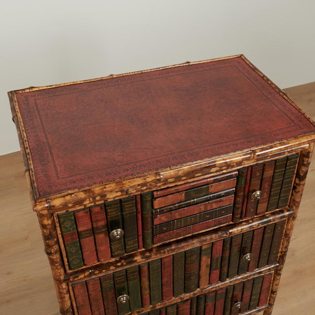 Antique English Bamboo Leather Top Faux Book Chest of Drawers For Sale - Image 11 of 18
