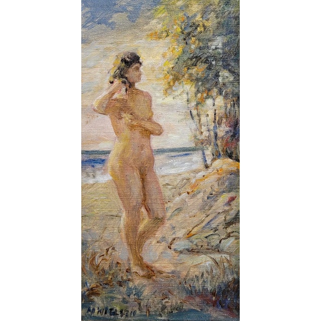 1930s Niels Peter Nielsen- Nude Female Bather at the Beach-1930s Oil Painting For Sale - Image 5 of 9